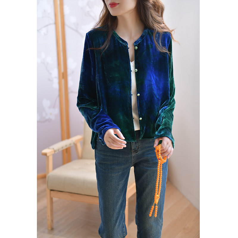 GESGOO蓝绿晕染真丝绒短款外套女秋季2025新款国风珠扣新中式上衣,淘宝优惠券,粉丝福利购,淘宝优惠卷