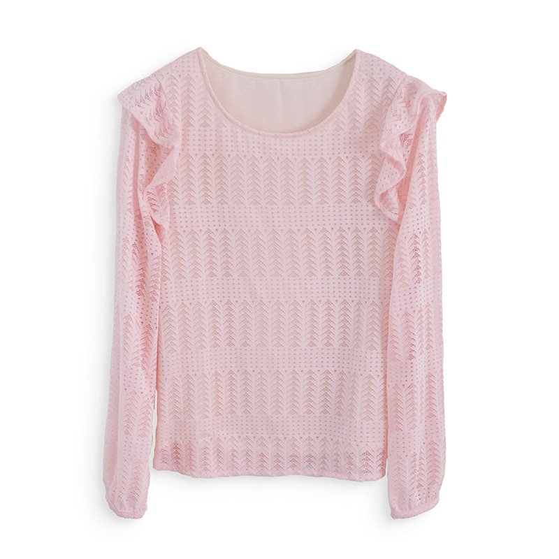 早秋新款粉色蕾丝小衫褶皱袖子衬衫 gesgoo蕾丝衫/雪纺衫