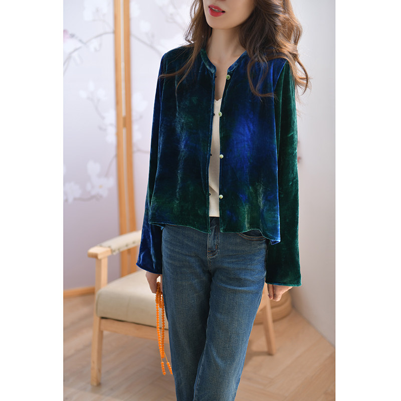 GESGOO蓝绿晕染真丝绒短款外套女秋季2025新款国风珠扣新中式上衣,淘宝优惠券,粉丝福利购,淘宝优惠卷