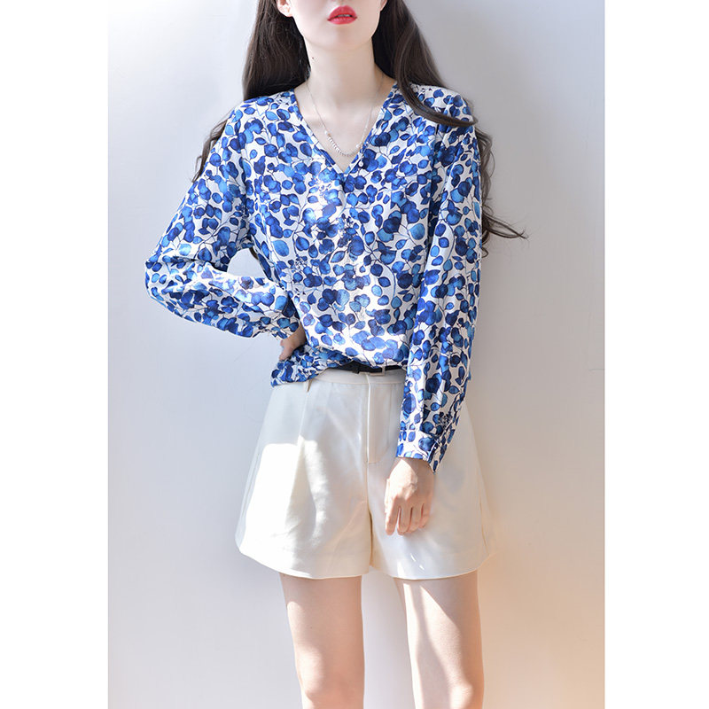 法式印花长袖女夏轻奢感v领衬衫 gesgoo衬衫