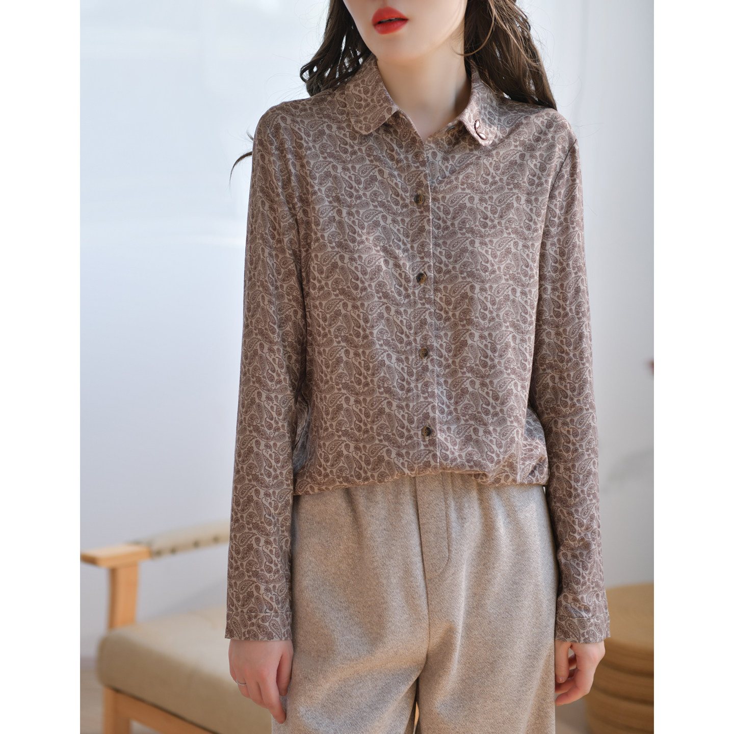 GESGOO复古文艺腰果花长袖上衣女秋季内搭休闲翻领含亚麻衬衫显瘦