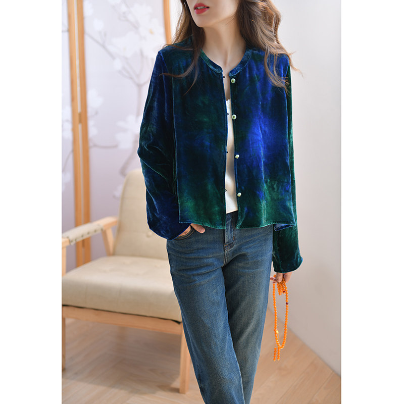 GESGOO蓝绿晕染真丝绒短款外套女秋季2025新款国风珠扣新中式上衣,淘宝优惠券,粉丝福利购,淘宝优惠卷