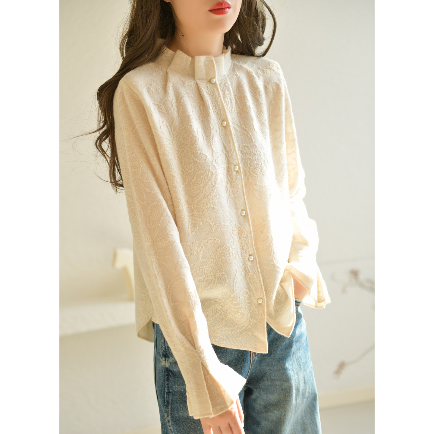 GESGOO慵懒法式半高领木耳边微喇提花山羊绒毛衣女秋冬长袖针织衫 - 图0