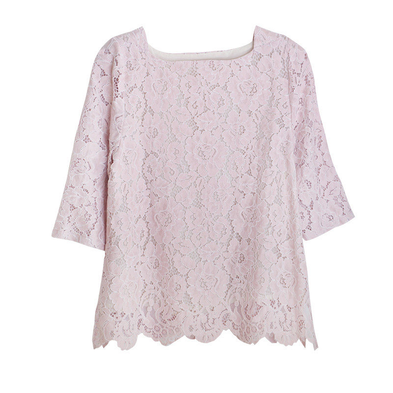 镂空春秋粉色一字领洋气小衫中袖 gesgoo蕾丝衫/雪纺衫