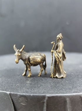 纯黄铜云游四海老人华佗毛驴微缩模型沙盘鱼缸造景摆件微拍小人偶