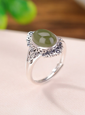 S925纯银水红南红和田玉晴水玉复古做旧祥云如意戒指银指环