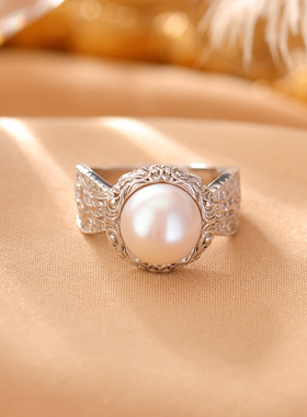 S925纯银淡水珍珠复古新中式唐草纹圆珠戒指民族风气质指环