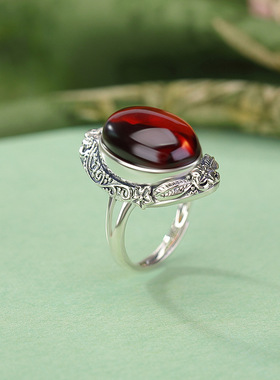 S925纯银血珀蜜蜡蛋面繁花大气民族风花卉椭圆复古指环