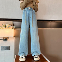 Girl Pants Autumn Clothing 2023 New Ocean Gas Children Han Edition Spring Autumn Season Jeans Wide Leg Pants Big Boy Trendy Long Pants