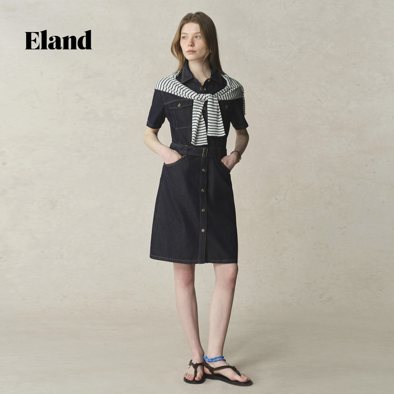 【100%棉】Eland衣恋连衣裙女甜美H型微落肩中长款裙子25夏季新款 - 图0