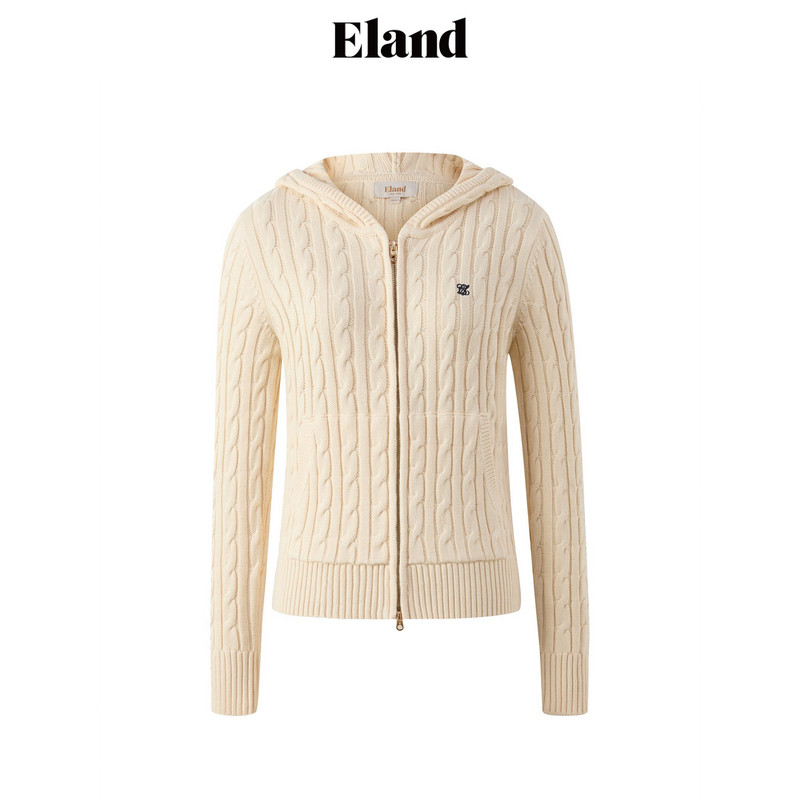 Eland衣恋毛针织衫女休闲两侧贴袋拉链帽兜女士毛衣2025春季新款