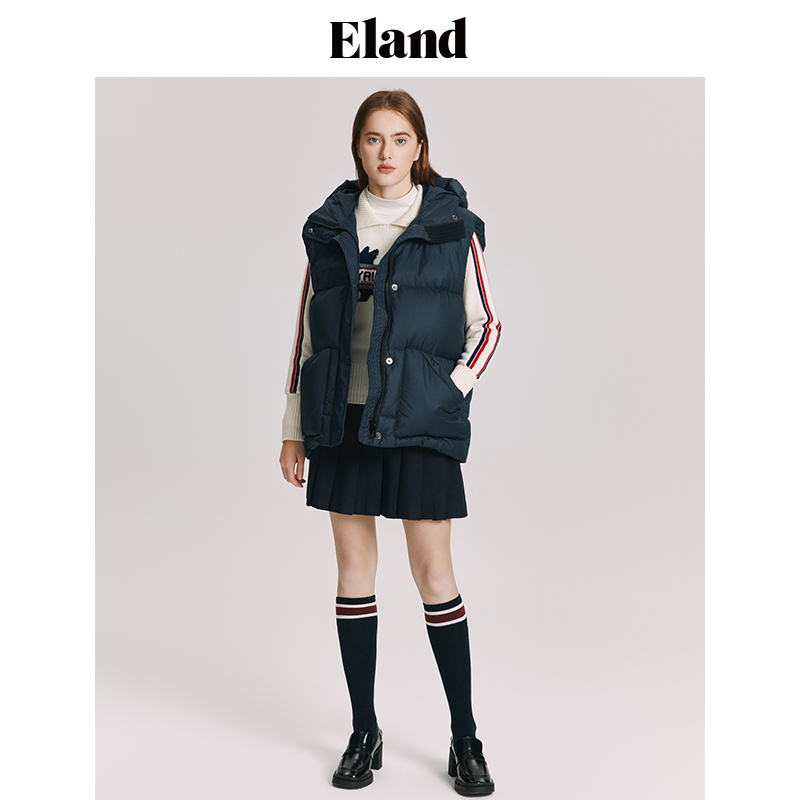 Eland衣恋羽绒服冬纯色简约羽绒背心女中长款轻质9010羽绒-图0