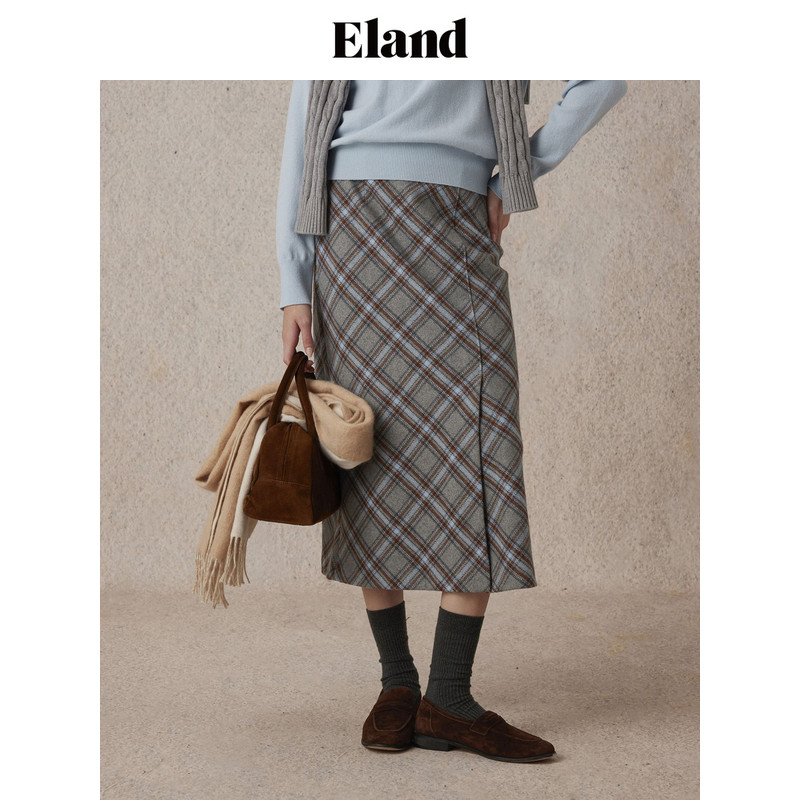 【含绵羊毛】Eland衣恋直筒裙女H型格纹下摆开衩半身裙款