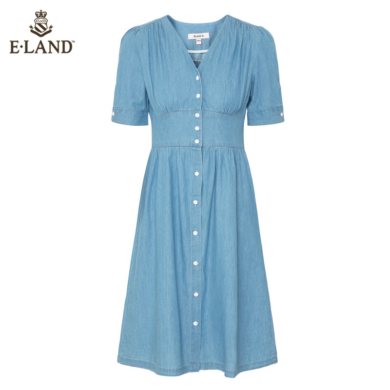 eland2020夏季新款水洗牛仔蓝v领 ELAND连衣裙