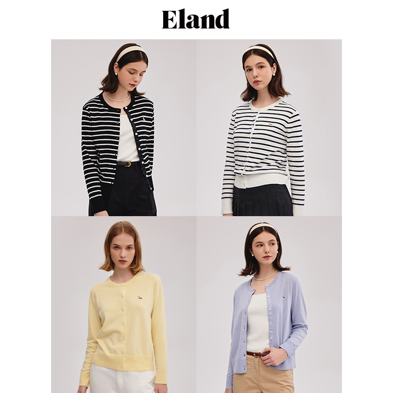 eland衣恋针织长袖条纹短款开衫 ELAND毛针织衫