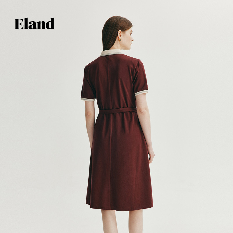 【sorona凉感】Eland衣恋连衣裙女翻领收腰A字中长裙夏季款