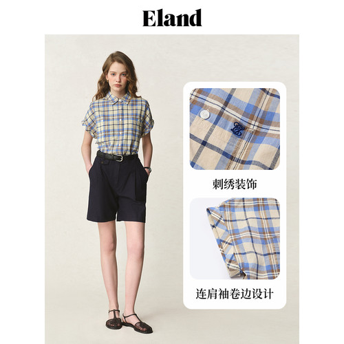 【法国亚麻】Eland衣恋衬衫女格纹连肩袖卷边短袖夏季淡人 - 图2