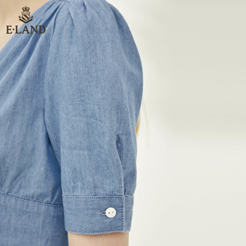 eland2020夏季新款水洗牛仔蓝v领 ELAND连衣裙