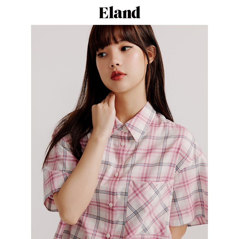 Eland衣恋短袖衬衫女夏季格纹衬衫学院风清新甜美复古时尚短袖女 - 图2