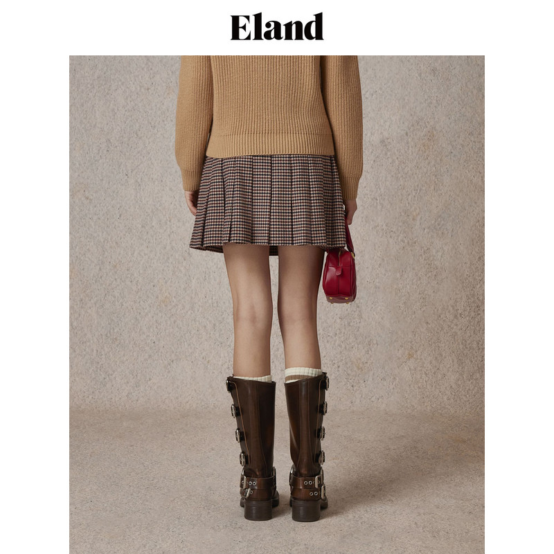 Eland衣恋半身裙女经典格纹百褶A版短裙休闲通勤裙子,淘宝优惠券,粉丝福利购,淘宝优惠卷