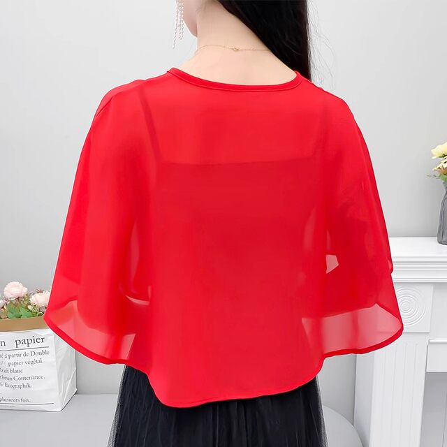 ໂສ້ງຂາສັ້ນ chiffon shawl, versatile ແລະ stylish, shawl ສັ້ນກັບ skirt ໃນ summer, gauze lace-up jacket ບາງໆ