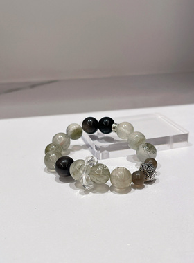 高级定制·绿锂云母绿兔毛银曜石月光石手串爱情之石