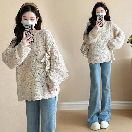 孕妇装春装时尚设计感长袖上衣2026新款孕妇T恤春季宽松休闲衣服 - 图1