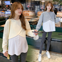 Pregnancy Woman Clothing Autumn Clothing Fashion Fake Two Collared Long Sleeve Blouses 2023 New Pregnant Women Weavewear Spring Autumn Korean Version Shirts