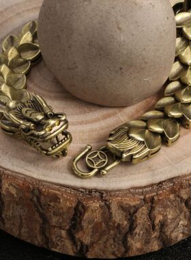 国潮霸气龙头手链男古铜做旧工艺品生肖龙黄铜链子配饰送男友