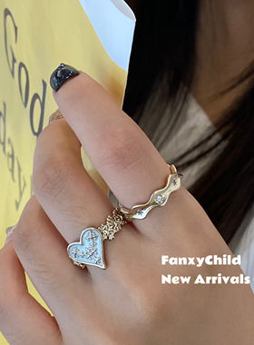 Vintage复古戒!Fanxy中古爱心十字鸢尾锆石开口戒小众叠戴食指戒