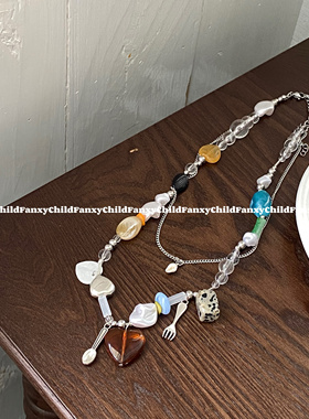 Fanxy复古个性双层叠戴多元素串珠拼接甜酷吊坠小众设计感锁骨链