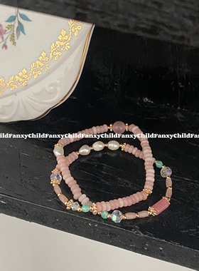 Fanxy新中式小众设计粉色澳宝串珠双圈手链女新中式高级手串57cm