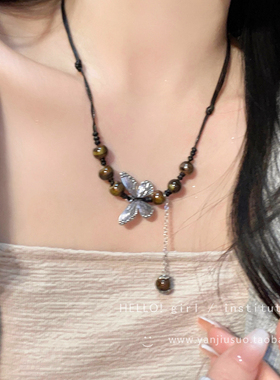民族风蝴蝶项链女款高级感新中式国风复古串珠锁骨链配饰