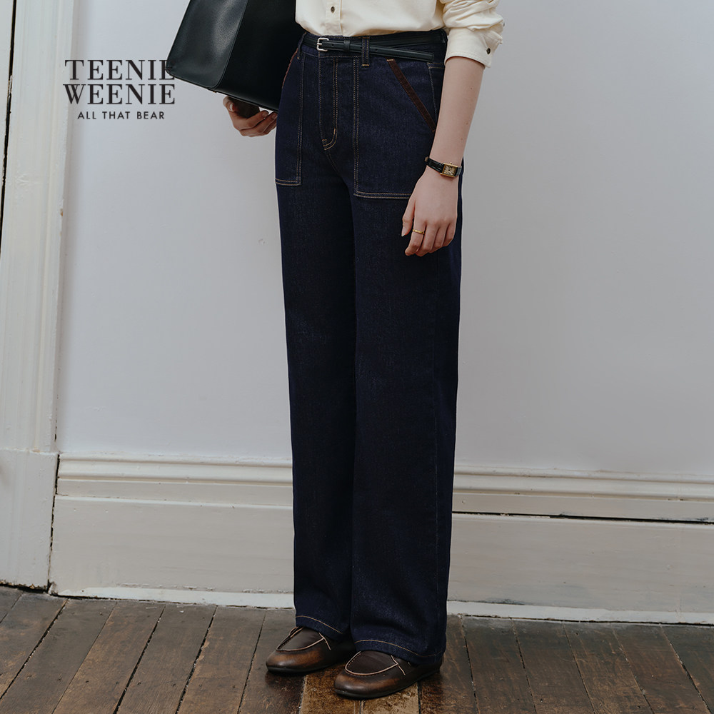 TeenieWeenie小熊女装牛仔裤2025秋季新款休闲灯芯绒拼接直筒长裤