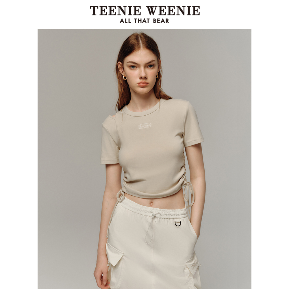 TeenieWeenie小熊女装圆领T恤2025夏季新款潮酷辣妹露肩抽绳短袖
