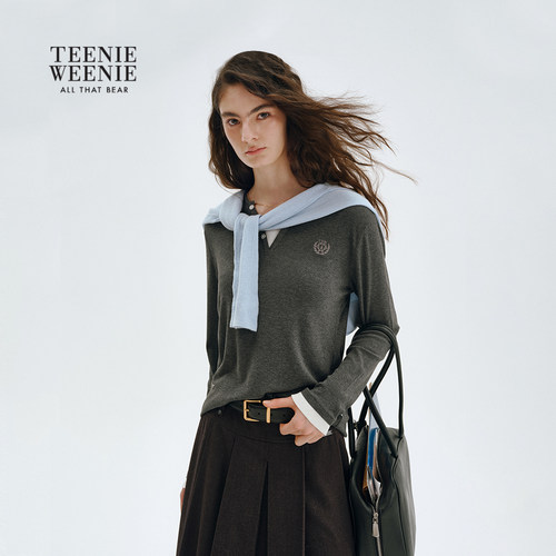 TeenieWeenie小熊女装柔软复古亨利V领T恤合身拼接长袖打底衫上衣 - 图0