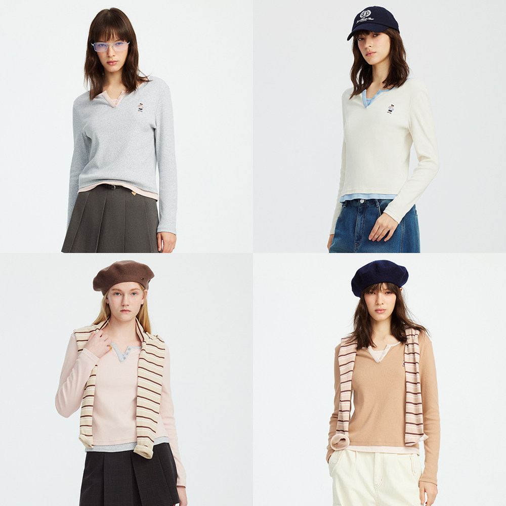 TeenieWeenie小熊女装长袖T恤秋冬季假两件拼接亨利领打底衫上衣,淘宝优惠券,粉丝福利购,淘宝优惠卷