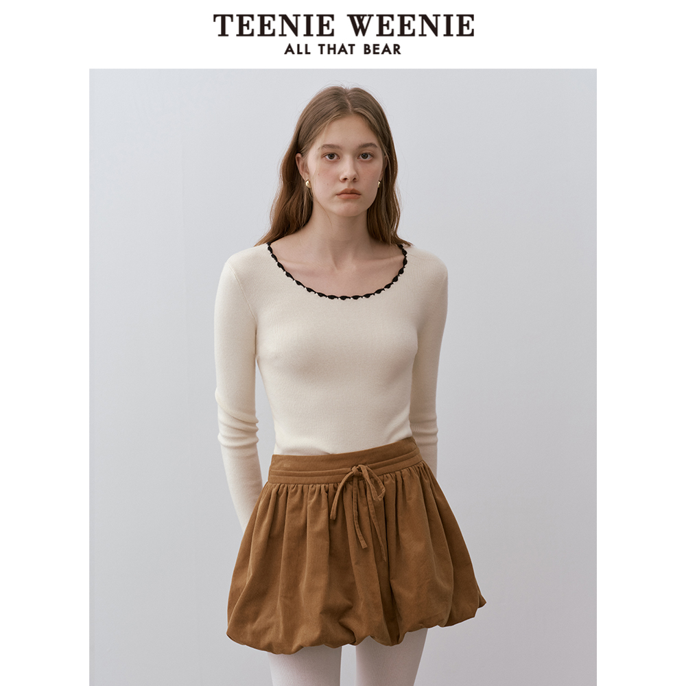 TeenieWeenie小熊女装毛衣秋季时尚花边圆领刺绣简约休闲舒适上衣 - 图1