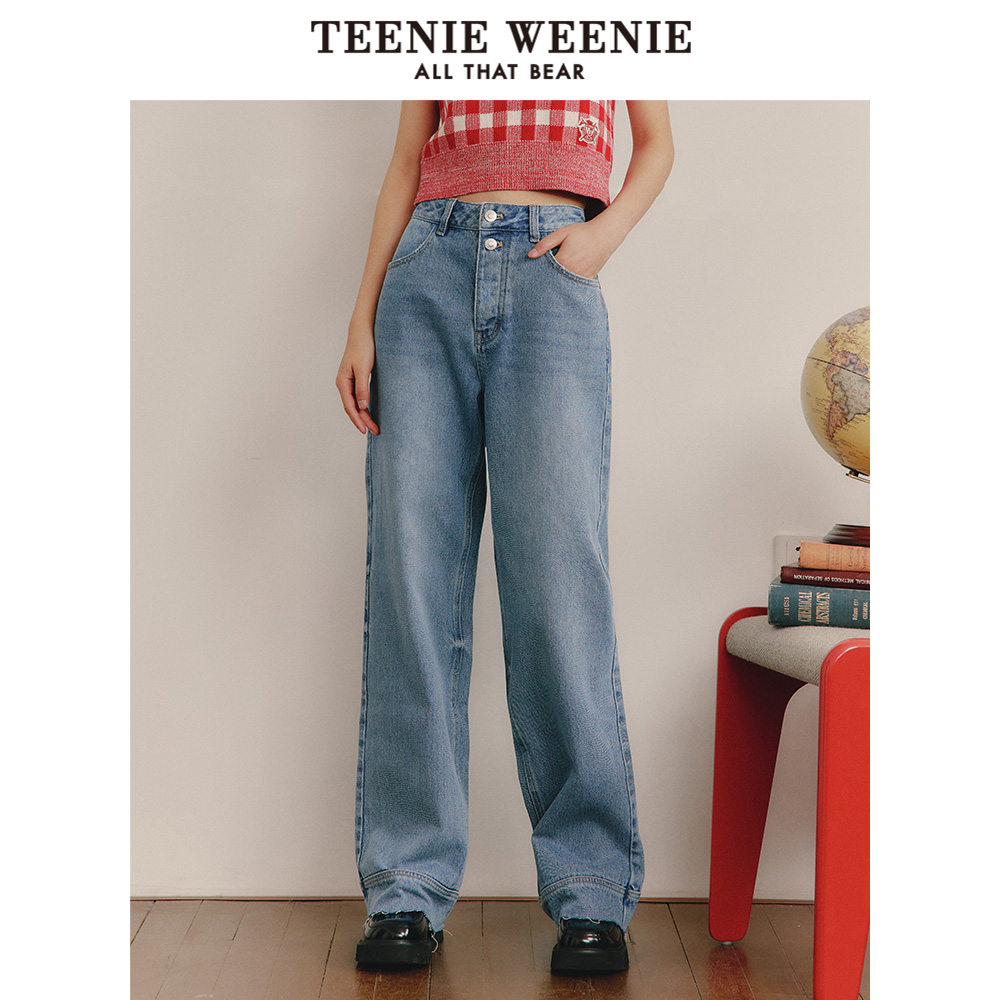 TeenieWeenie小熊牛仔裤宽松直筒拖地裤韩版长裤复古女