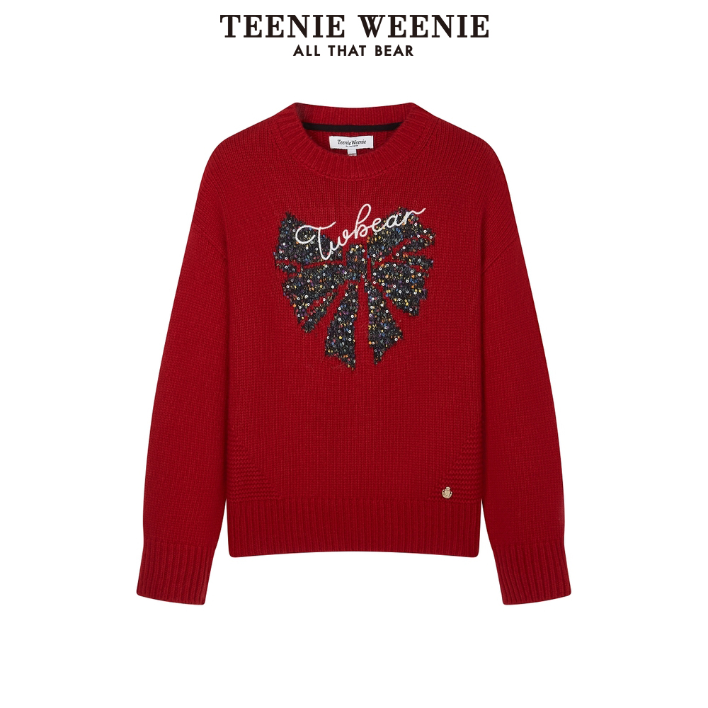 TeenieWeenie小熊红色毛衣女2024冬季新款圆领新年时尚套头针织衫