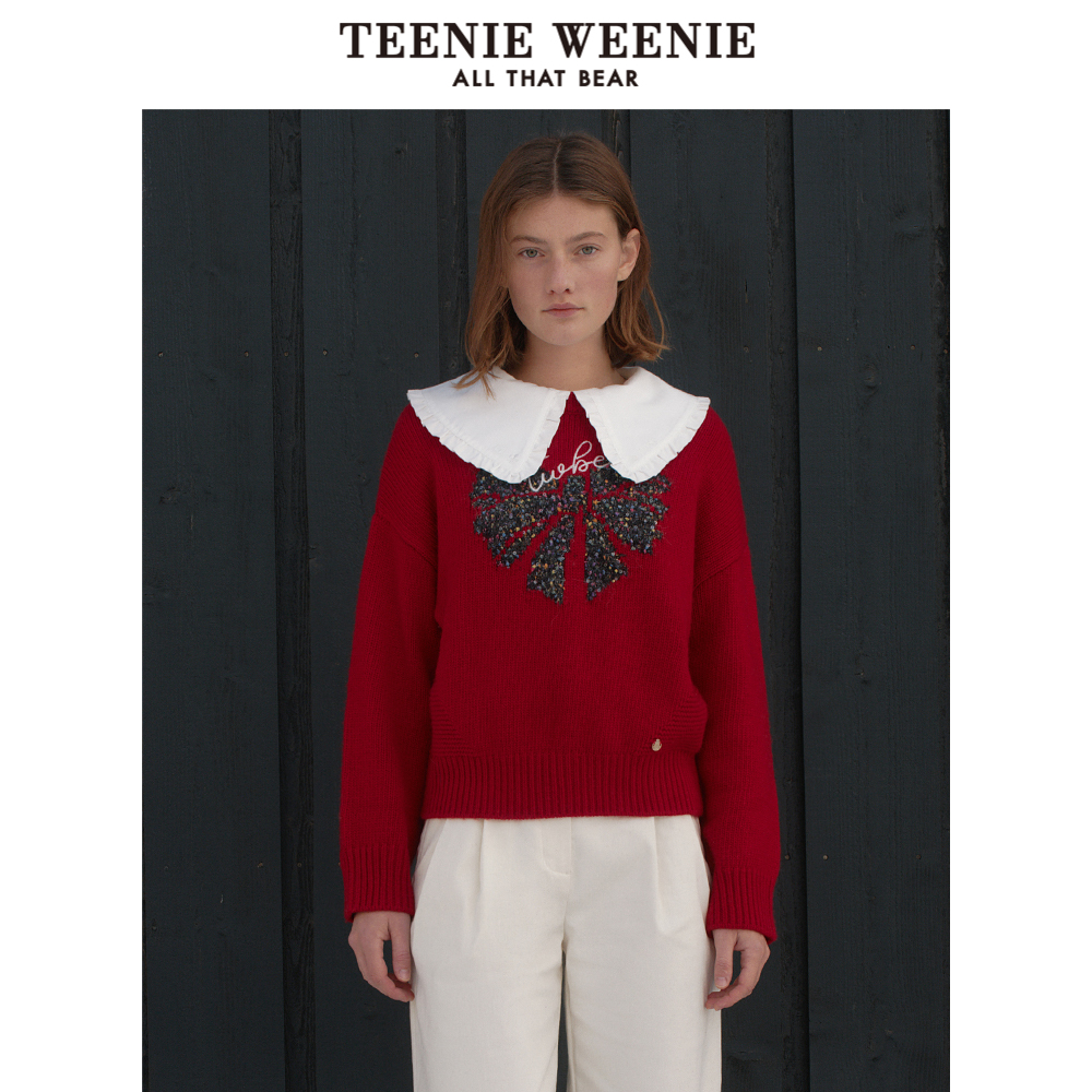 TeenieWeenie小熊红色毛衣女2024冬季新款圆领新年时尚套头针织衫