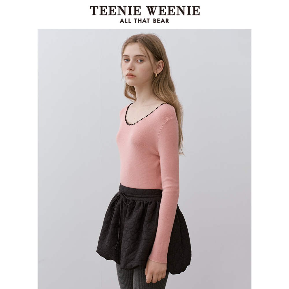 TeenieWeenie小熊女装毛衣秋季时尚花边圆领刺绣简约休闲舒适上衣 - 图2