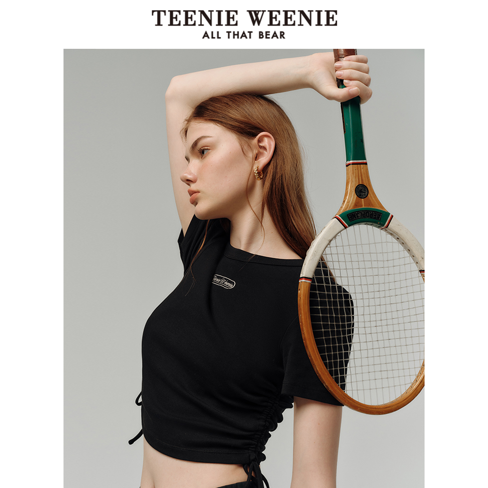 TeenieWeenie小熊女装圆领T恤2025夏季新款潮酷辣妹露肩抽绳短袖