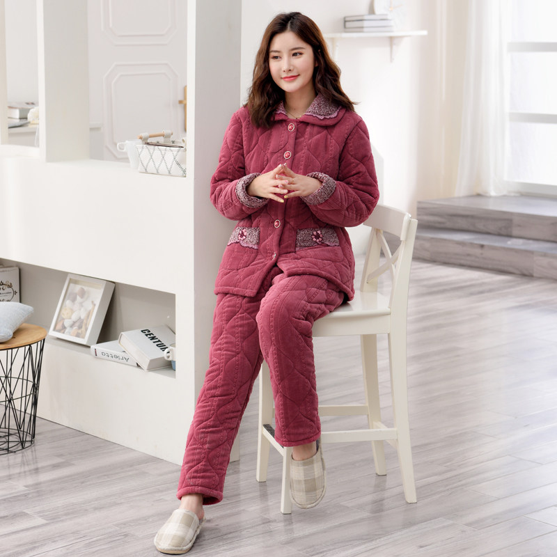 夹棉睡衣女秋冬季加厚加绒珊瑚绒中老年妈妈三层法兰绒家居服套装,淘宝优惠券,粉丝福利购,淘宝优惠卷