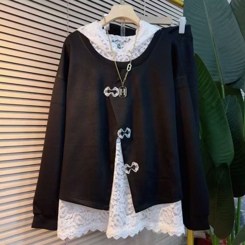 胖妹妹大码春季新款拼接蕾丝假两件套装女韩版洋气上衣裤子三件套,淘宝优惠券,粉丝福利购,淘宝优惠卷