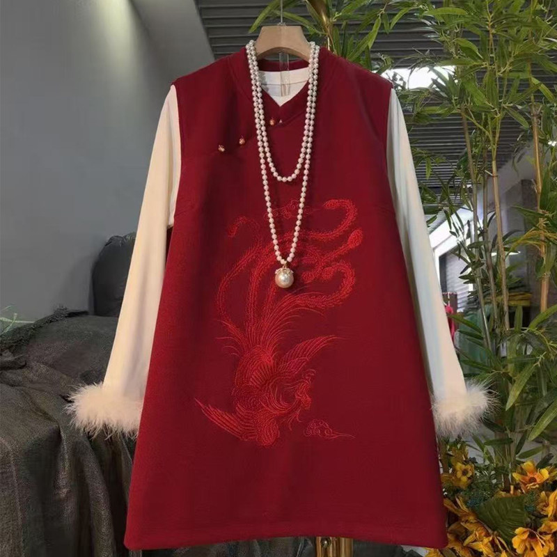 胖妹妹大码秋冬新款时尚套装女新中式国风刺绣红色马甲裙两件套潮,淘宝优惠券,粉丝福利购,淘宝优惠卷