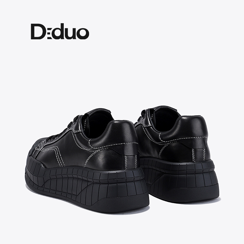 Diduo/迪朵2024春季新款黑色牛皮休闲鞋女增高厚底板鞋潮流运动鞋-图3