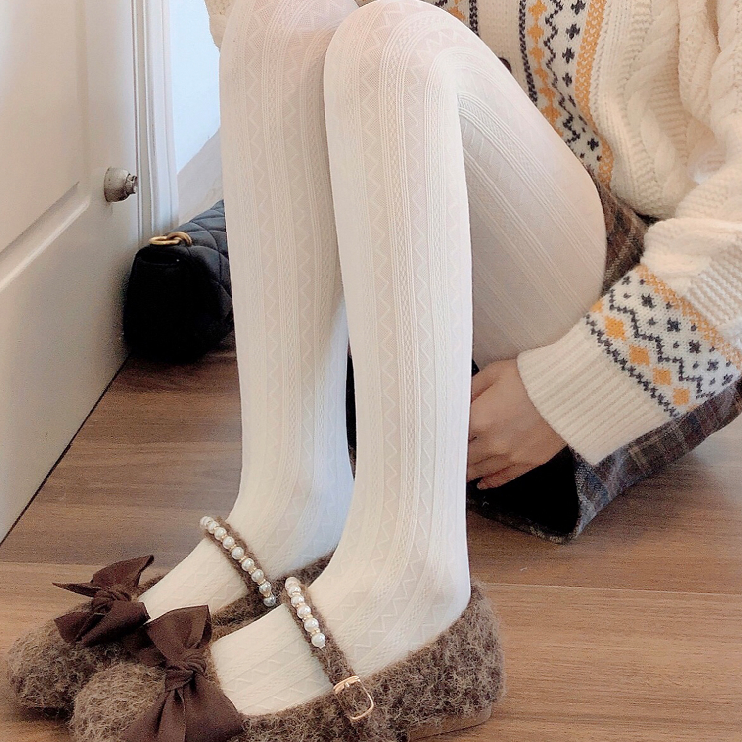 烟灰色打底裤袜女春秋季薄款深灰色天鹅绒提花连裤袜日系jk白丝袜 - 图3