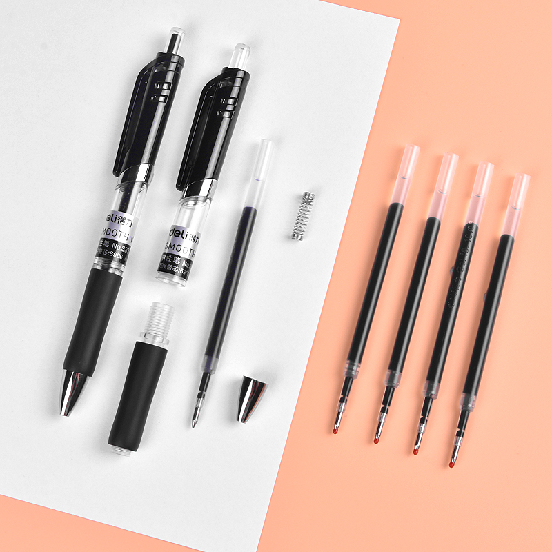 24支得力按动中性笔0.5mm学生用文具用品考试专用大容量黑笔黑色水性碳素红笔蓝笔芯圆珠按压式红色墨蓝色 - 图2