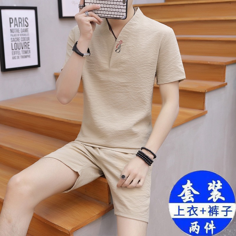 绿坝旗舰店中国风两件套男上衣中式民族服装短袖青年汉服唐装男装休闲潮套装0